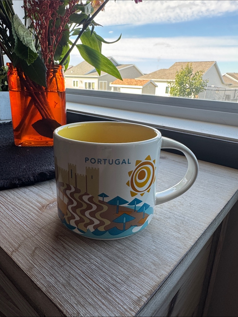Starbucks Portugal Souvenir Mug - Yellow Interior with Blue and Brown Beach Art